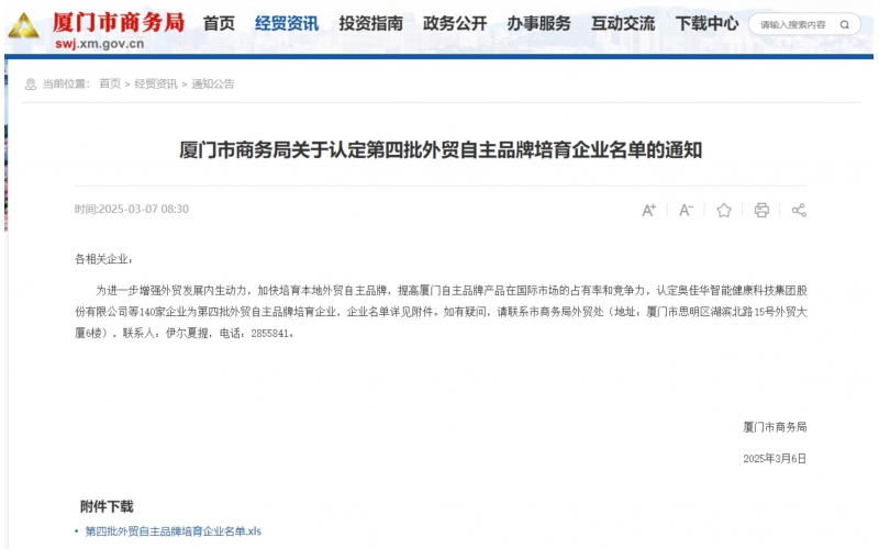 廈門(mén)市(shì)第四批外(wài)貿自(zì)主品牌培育企業(yè)